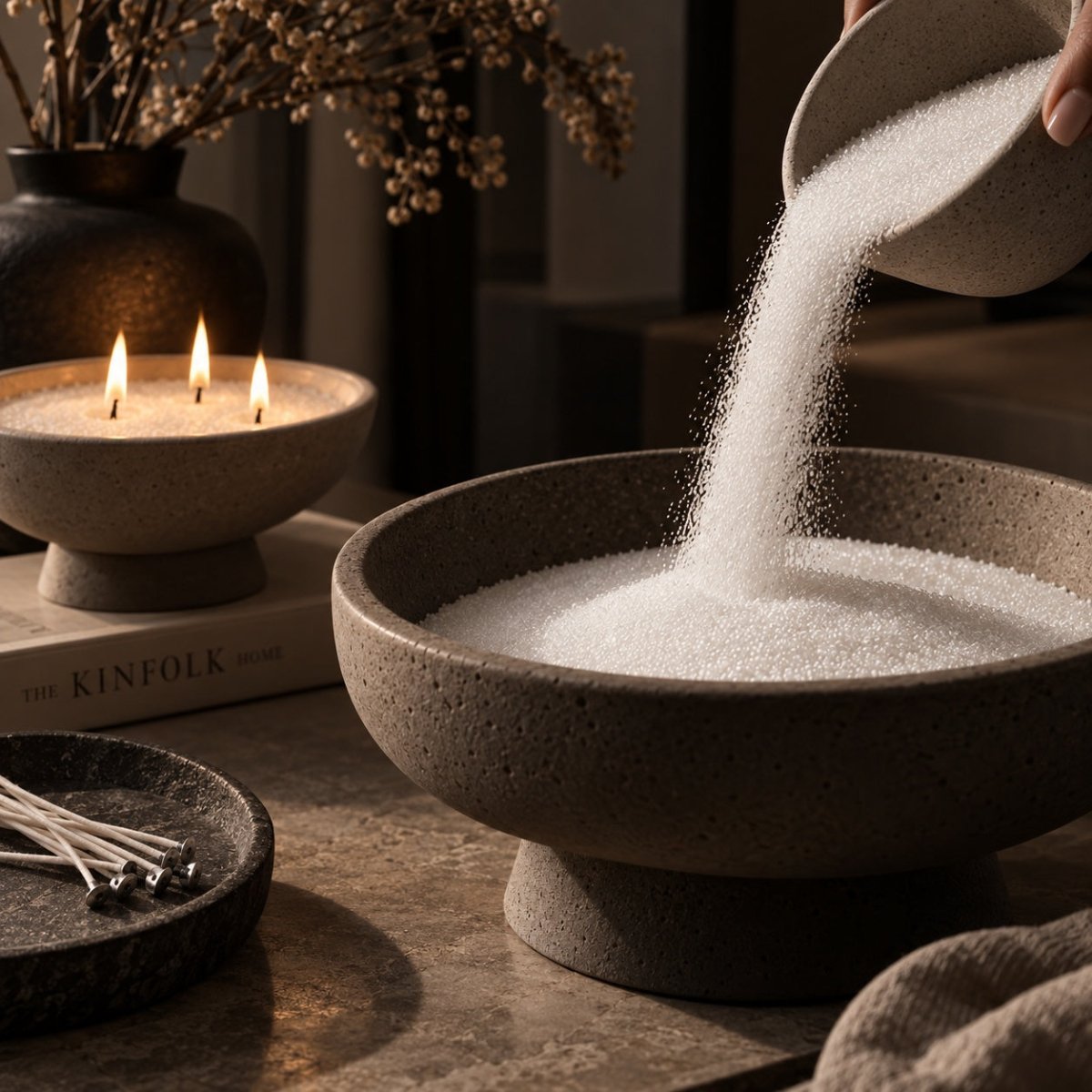 White candle sand being poured from a small speckled bowl into a larger matching pedestal bowl on a stone surface, with warm ambient lighting and decorative candles in the background.