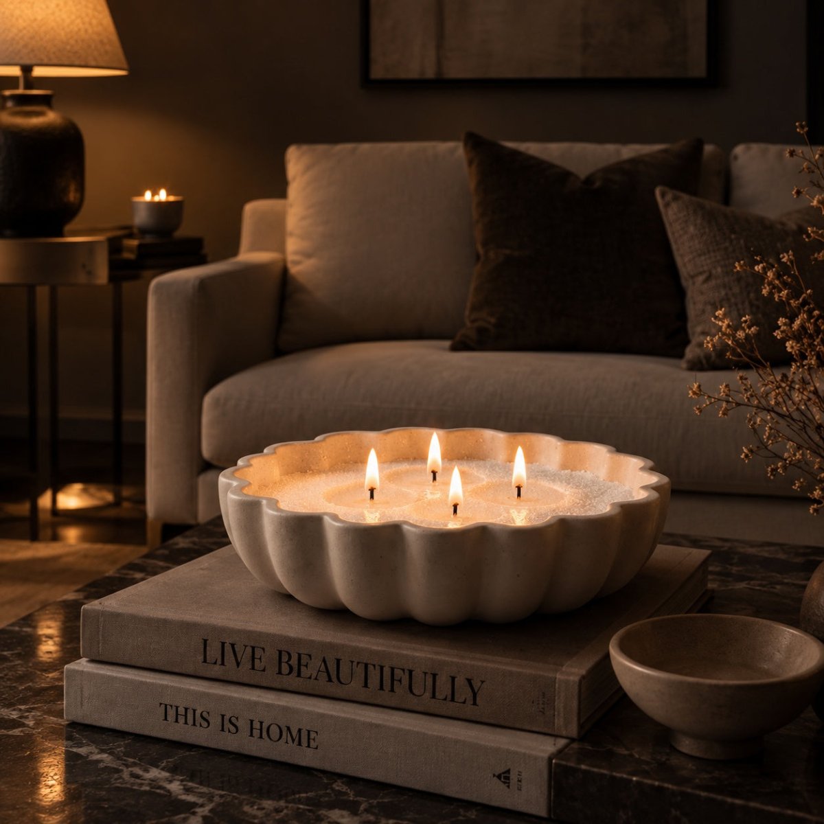 A large scalloped ceramic candle holder with four lit candles sits on stacked books in a cozy living room setting.