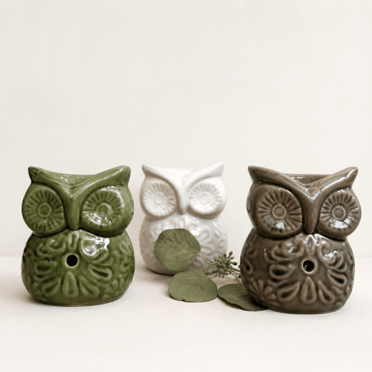 Three ceramic owl oil burners in green, cream and taupe displayed on a clean light neutral background with eucalyptus leaves. Autumn home styling