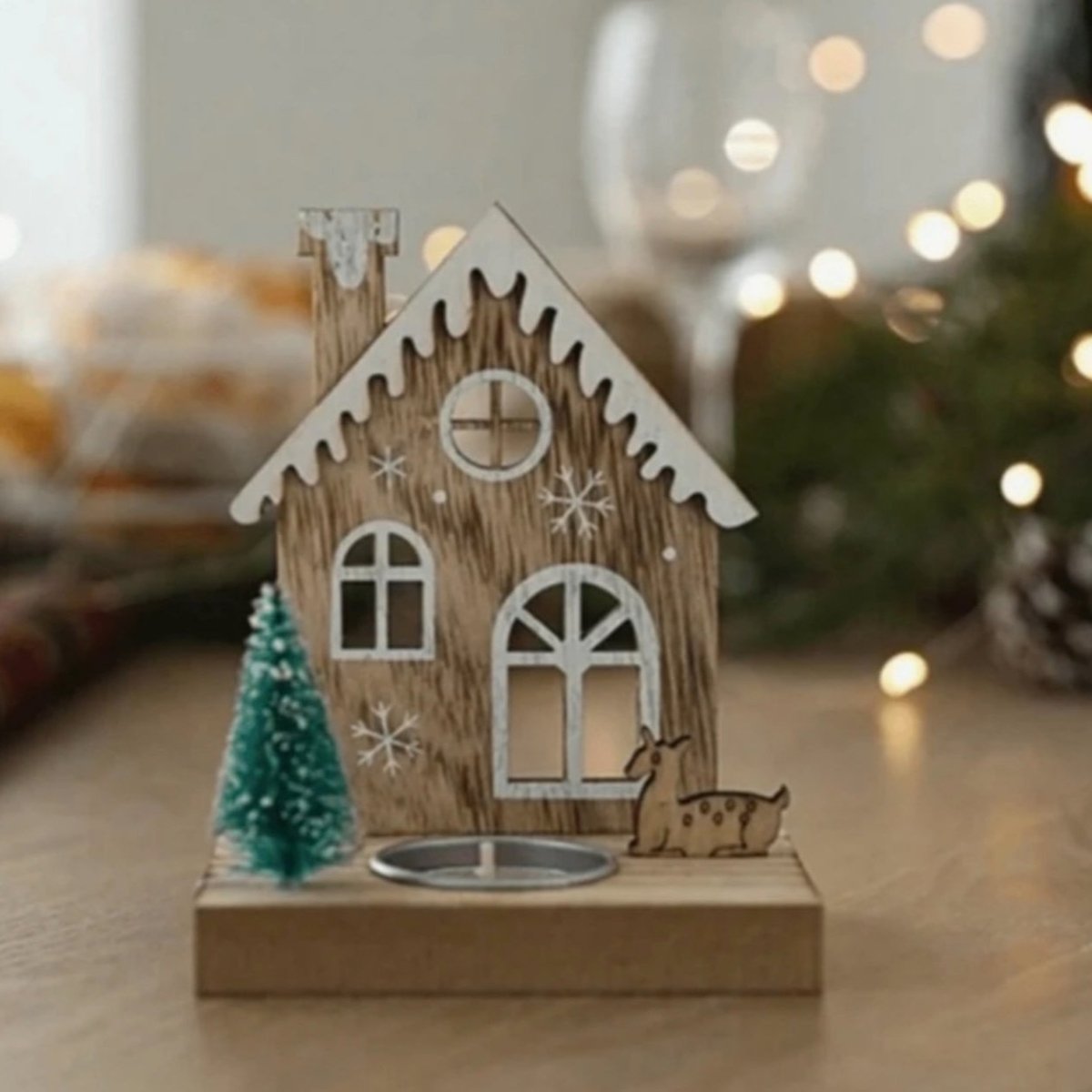 Christmas Wooden House Tea light candle holder Festive Winter decoration - Designs by Inaya