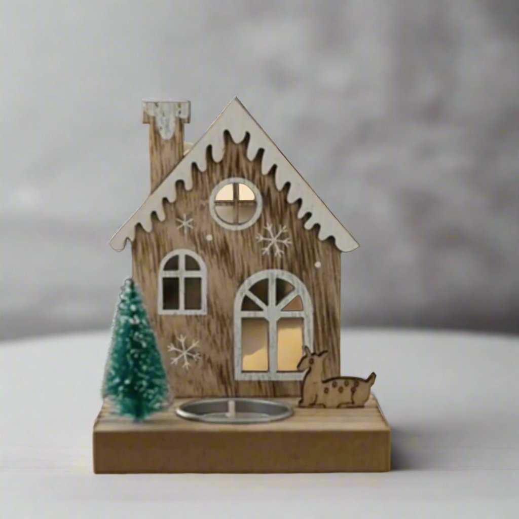 Christmas Wooden House Tea light candle holder Festive Winter decoration - Designs by Inaya