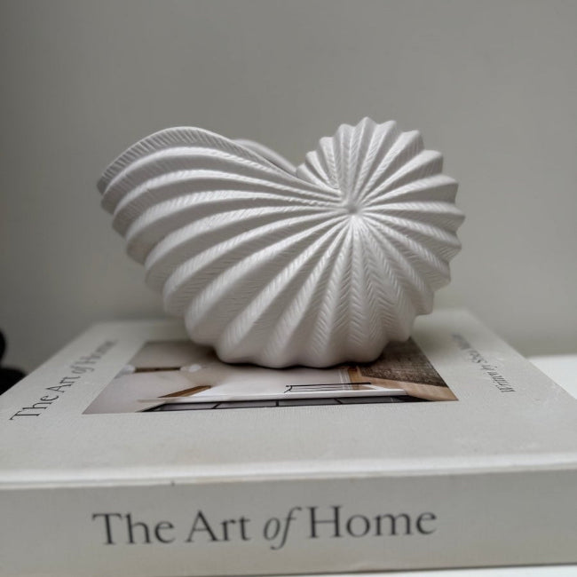 Decorative white shell on a book titled 'The Art of Home' with a plain background
