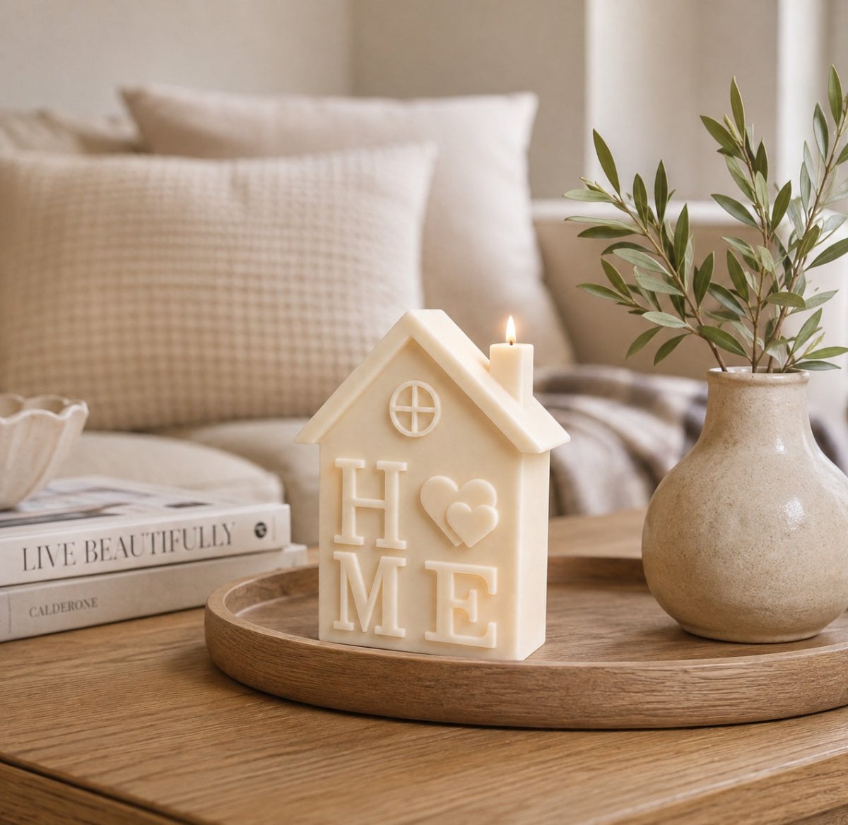 A cream coloured house shaped soy candle with the word 'HOME' and a heart in the center, lit and displayed on a wooden tray in a cosy living room setting.