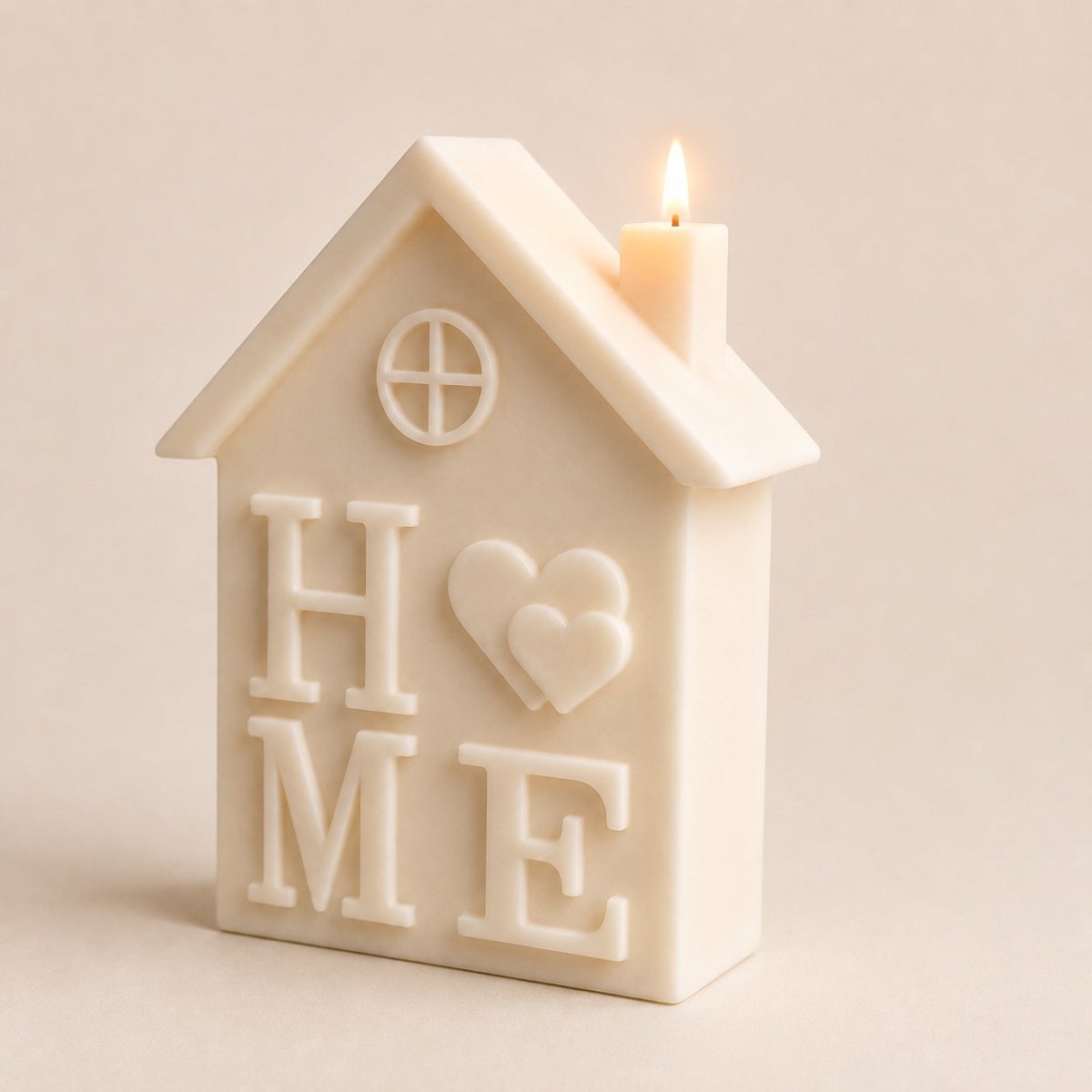 An off-white house-shaped candle with a lit wick on top, featuring the word 'HOME' and a heart design embossed on the front, set against a solid beige background.