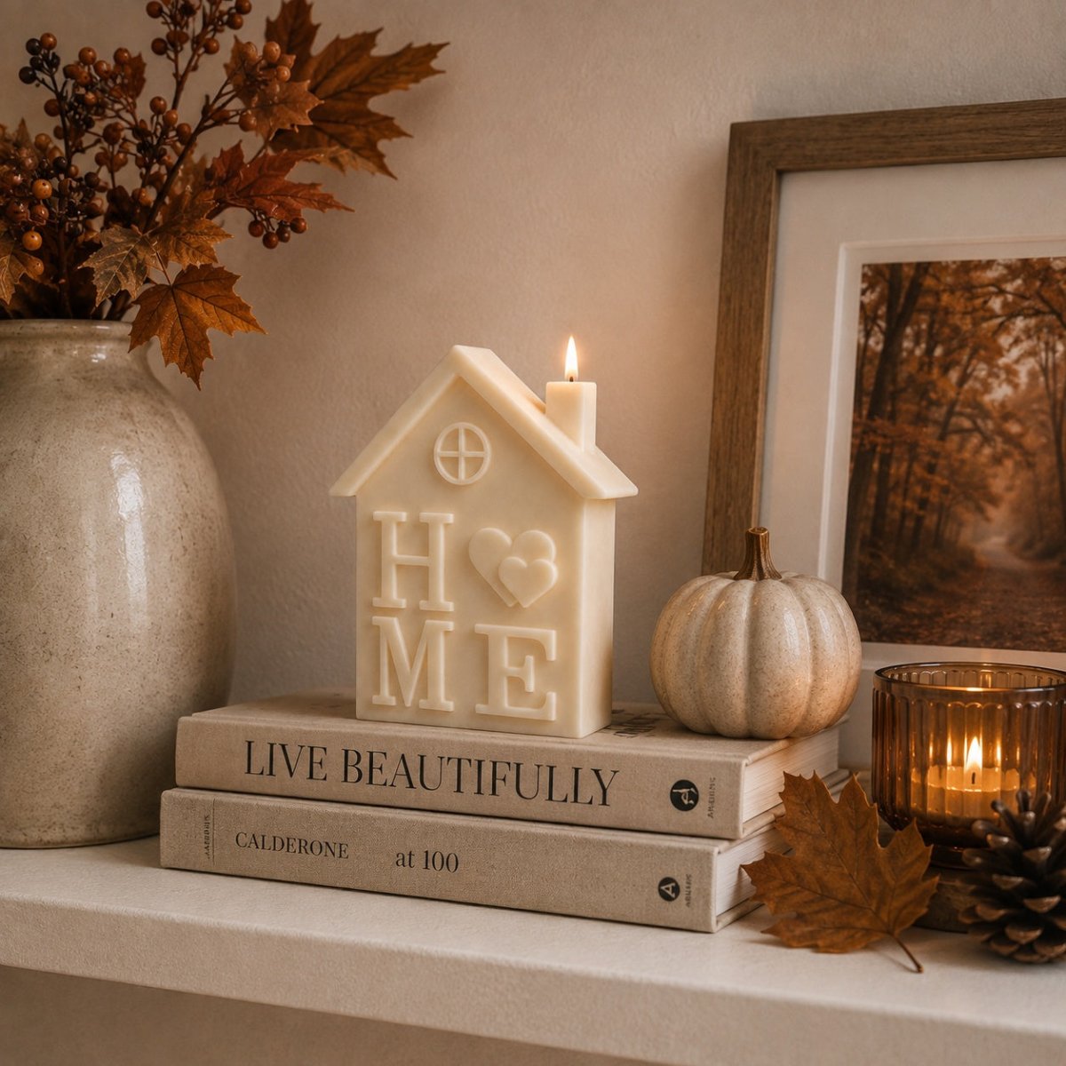 A cream handmade house-shaped candle with the word 'HOME' and a heart cutout, lit with a small candle, styled on a shelf with books, a small pumpkin, a framed autumn print, and dried leaves.