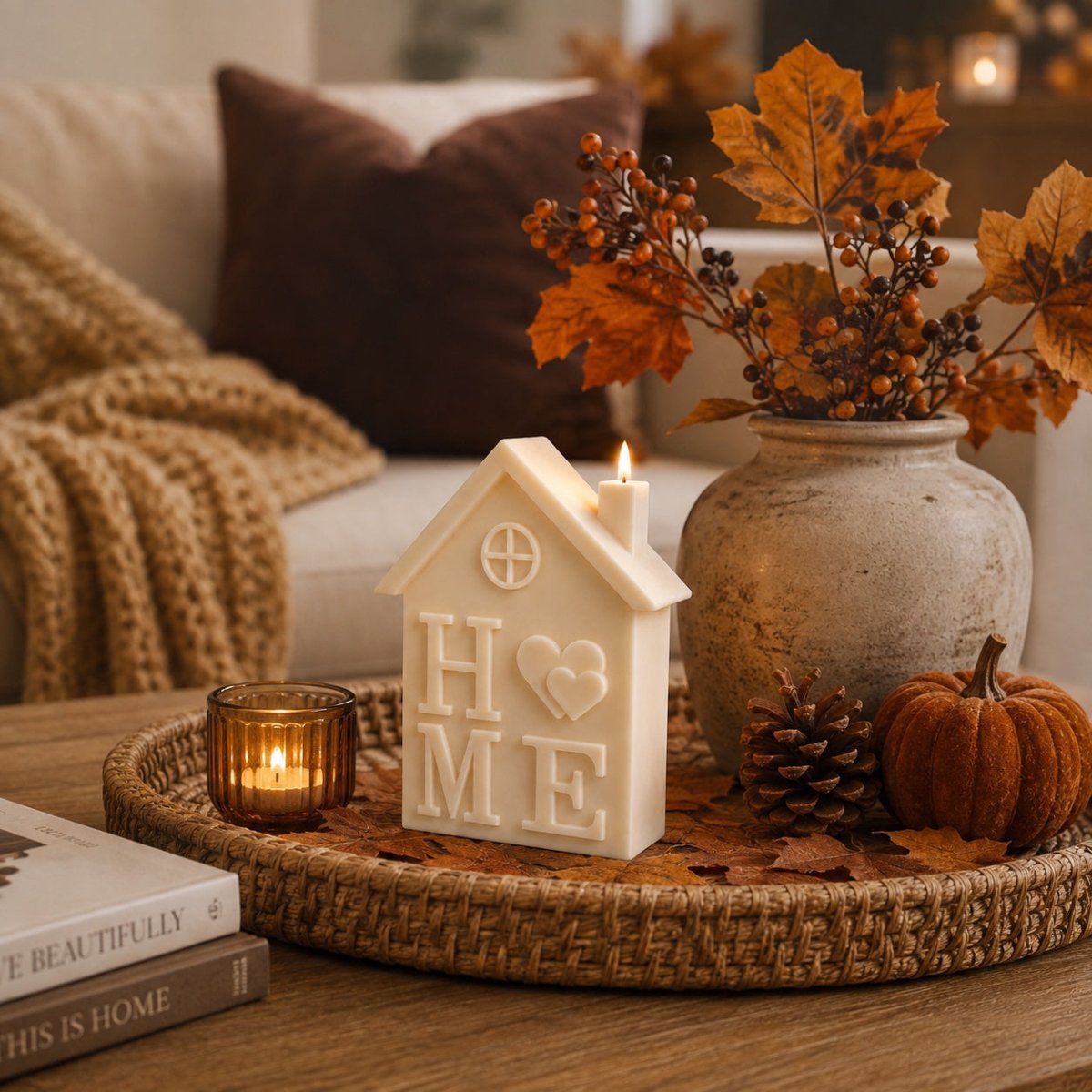 A cream-coloured house-shaped candle with the word 'HOME' and a heart symbol on the front, lit with a small flame. It is styled on a woven tray with a small amber candle, books, pinecones, a small pumpkin, and a rustic vase with autumn leaves in a cozy living room setting.