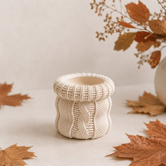 A small cylindrical stone candle holder with a textured cable-knit pattern in cream, styled with autumn leaves and dried flowers on a neutral beige surface.