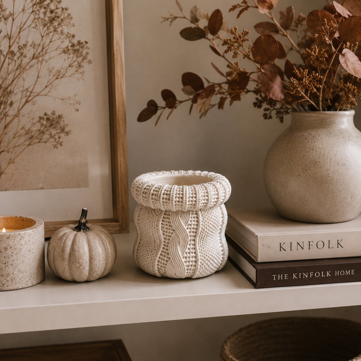 A cream cable-knit Stone Jar sits on a white shelf in a styled home setting, surrounded by dried botanicals in a ceramic vase, a small decorative pumpkin, a candle, and books.
