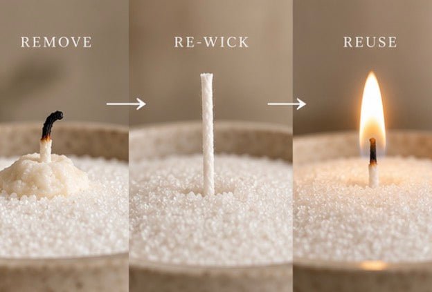 Three-panel diagram showing candle wick reuse: left panel labeled REMOVE shows a burned wick protruding from white wax granules; center panel labeled RE-WICK shows a straight white wick; right panel labeled REUSE shows the wick lit with a flame.