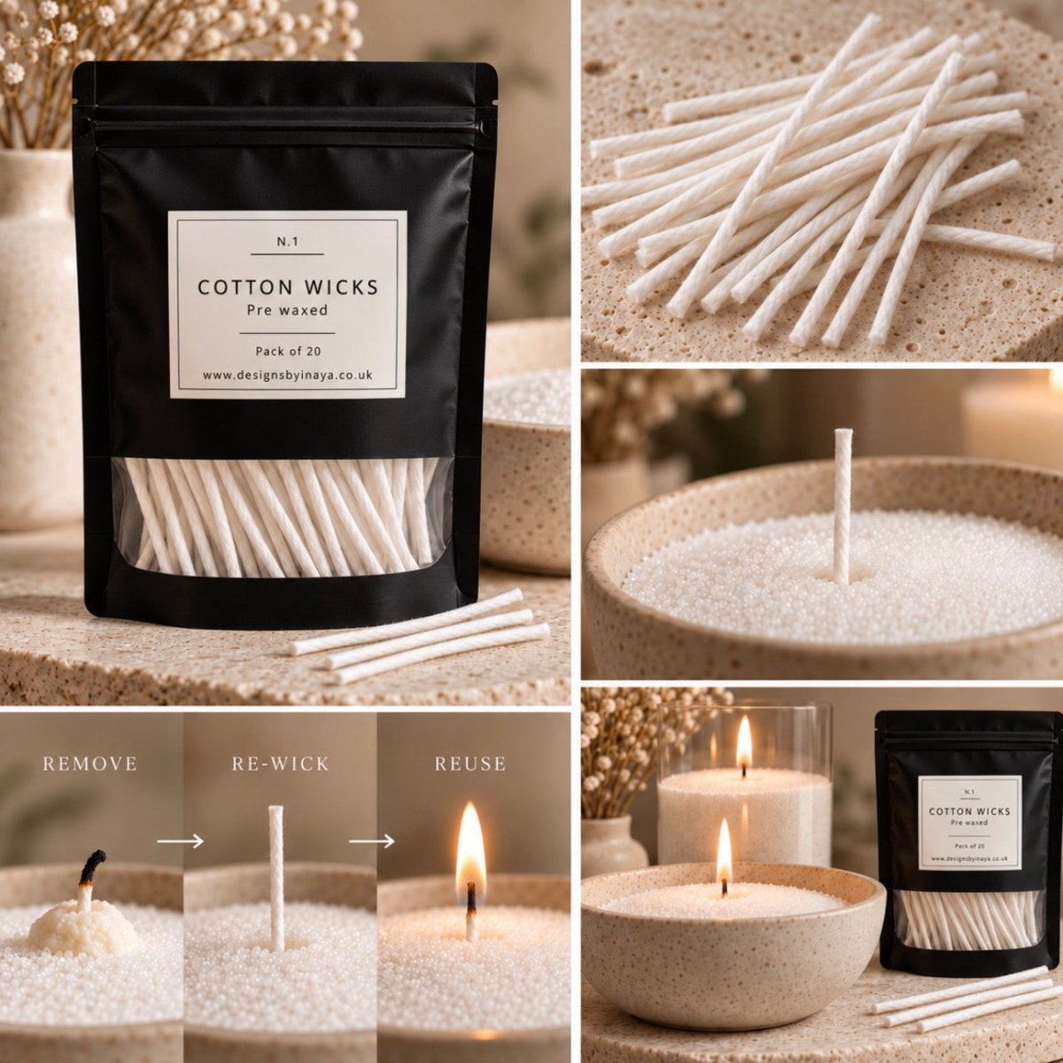 A collage showing a black resealable pouch of cotton wicks for use with candle sand Designs by Inaya 