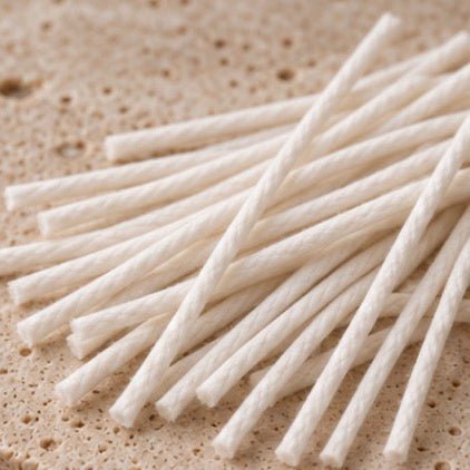 A pile of white twisted cotton wicks arranged diagonally on a textured beige stone surface.