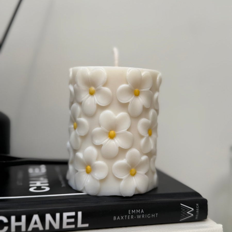 Daisy Pillar Candle -  Decorative flower candle aesthetic interior -Designs by Inaya