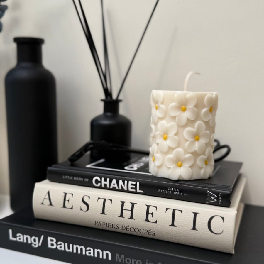 Daisy scented candle coffee table styling - Daisy Pillar Candle - Designs by Inaya