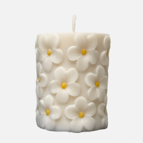 Daisy Pillar Candle - Soy wax floral candle shelf styling -Designs by Inaya