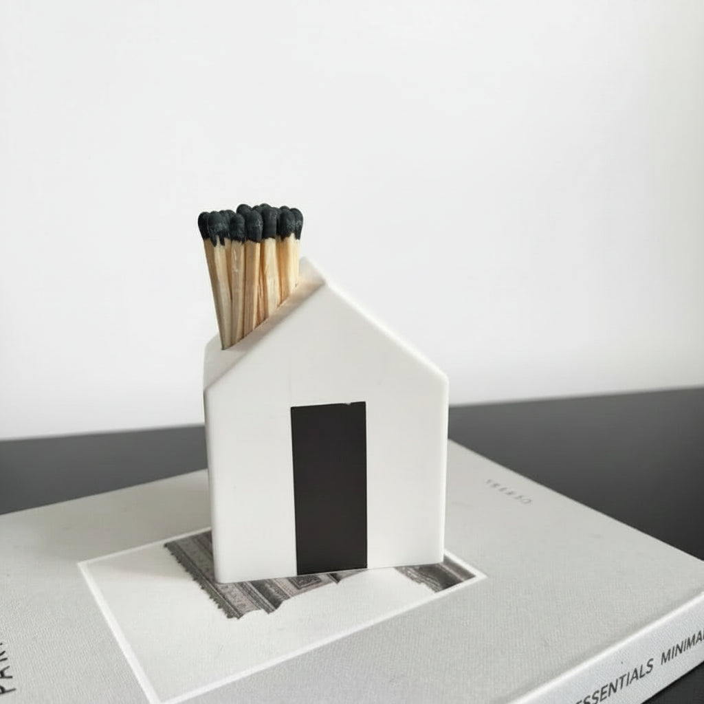 A white house-shaped match holder with a black door detail, filled with wooden matches with black tips, resting on a light gray book against a white background.