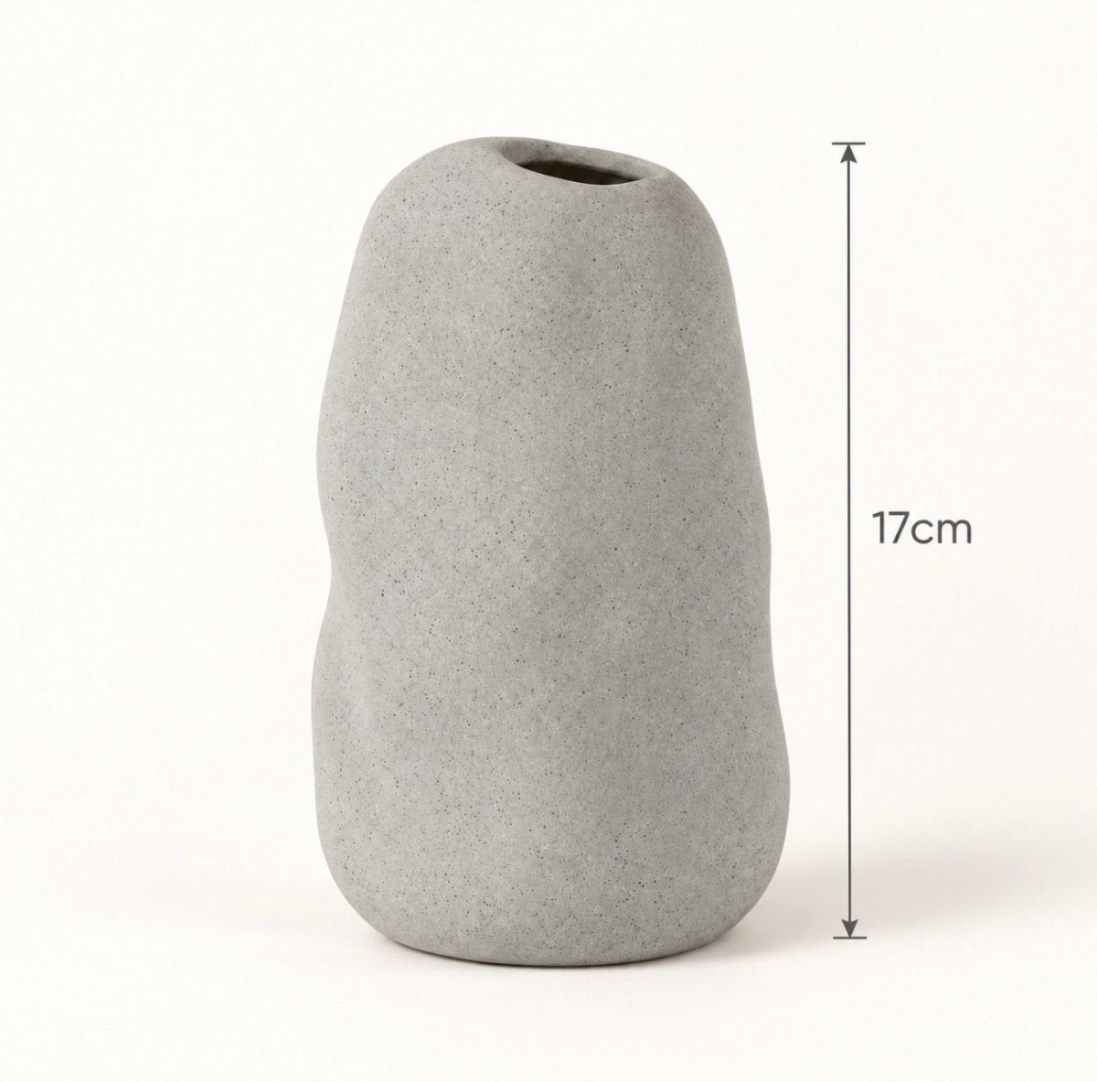 A grey stone-textured ceramic vase with a small opening at the top, shown on a white background with a vertical height marker indicating 17cm.