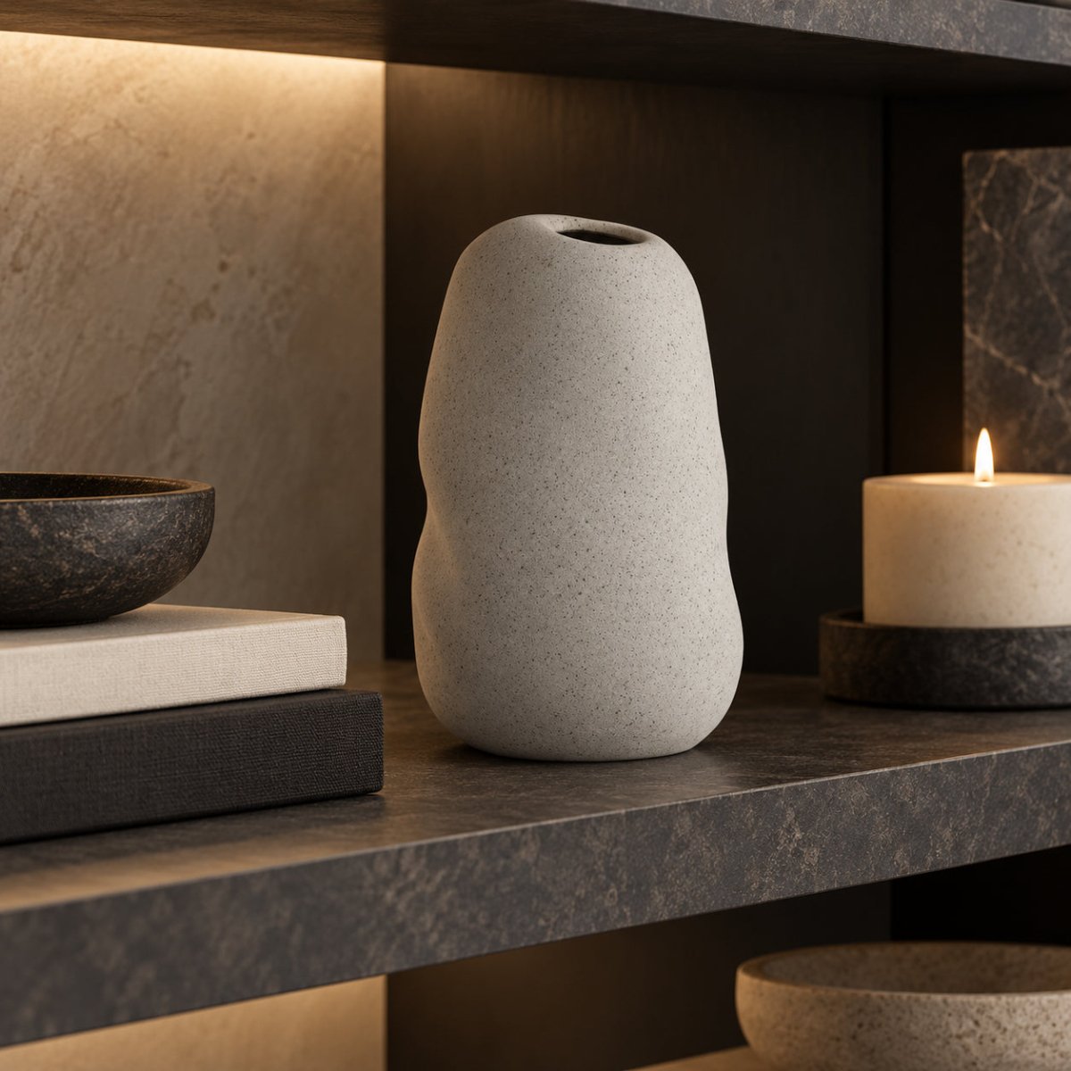 A light grey speckled stone diffuser or vase with a small top opening, displayed on a dark stone shelf next to a lit candle and books.