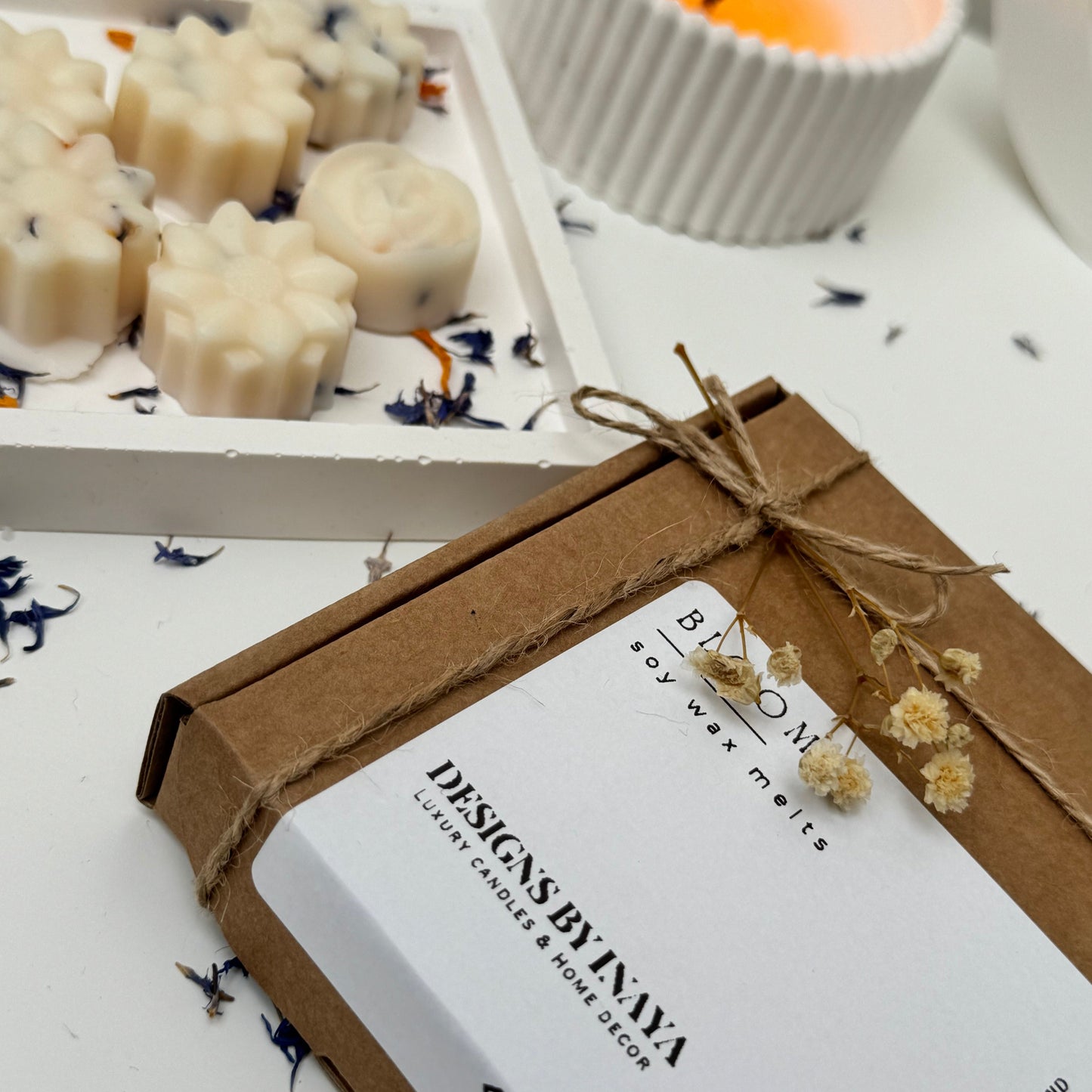 Bloom Melts - Floral wax melts UK botanical soy wax melts with dried petals- Designs by Inaya