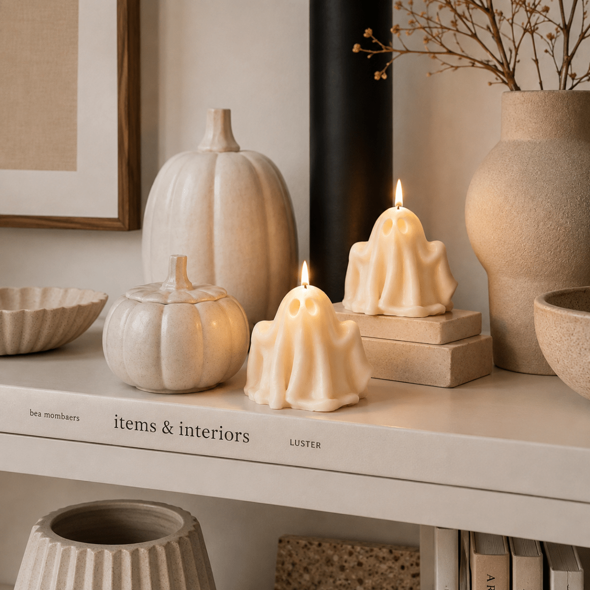 Two cream ghost-shaped handmade candles with lit flames are styled on a shelf alongside ceramic pumpkins, a textured vase, and books in a warm, neutral interior setting.