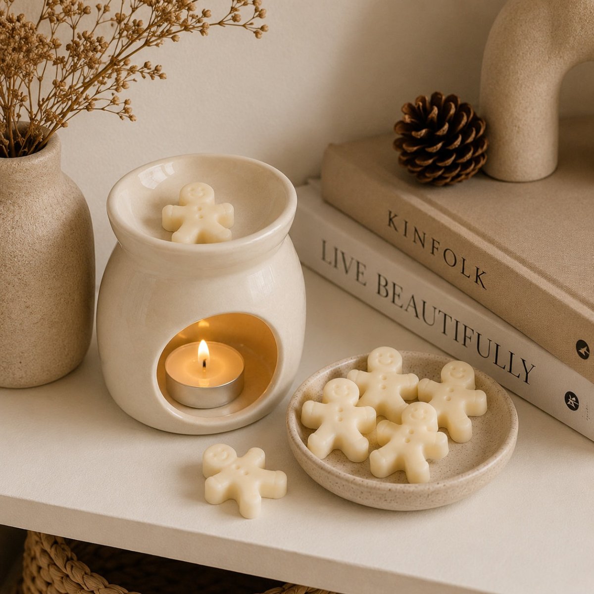 Cream-colored gingerbread-shaped wax melts displayed on a shelf next to a lit tealight wax warmer, with decorative books, a pinecone, and a ceramic vase in the background.
