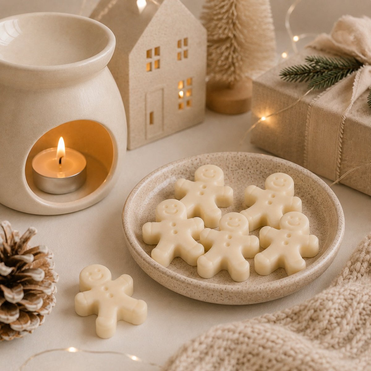 A styled holiday tabletop scene with several cream-coloured gingerbread person wax melts on a speckled beige plate, one melt placed beside it on the surface, a lit candle in a ceramic holder, a house-shaped decor object, a wrapped gift, and warm string lights in the background. Christmas themed scene.