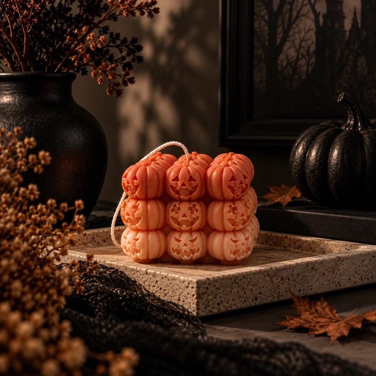 A set of carved jack-o'-lantern-shaped soy candle in shades of orange and peach, stacked on a stone tray with a white rope handle, styled in a dark, atmospheric Halloween setting with a black vase, dried leaves, and a black pumpkin.