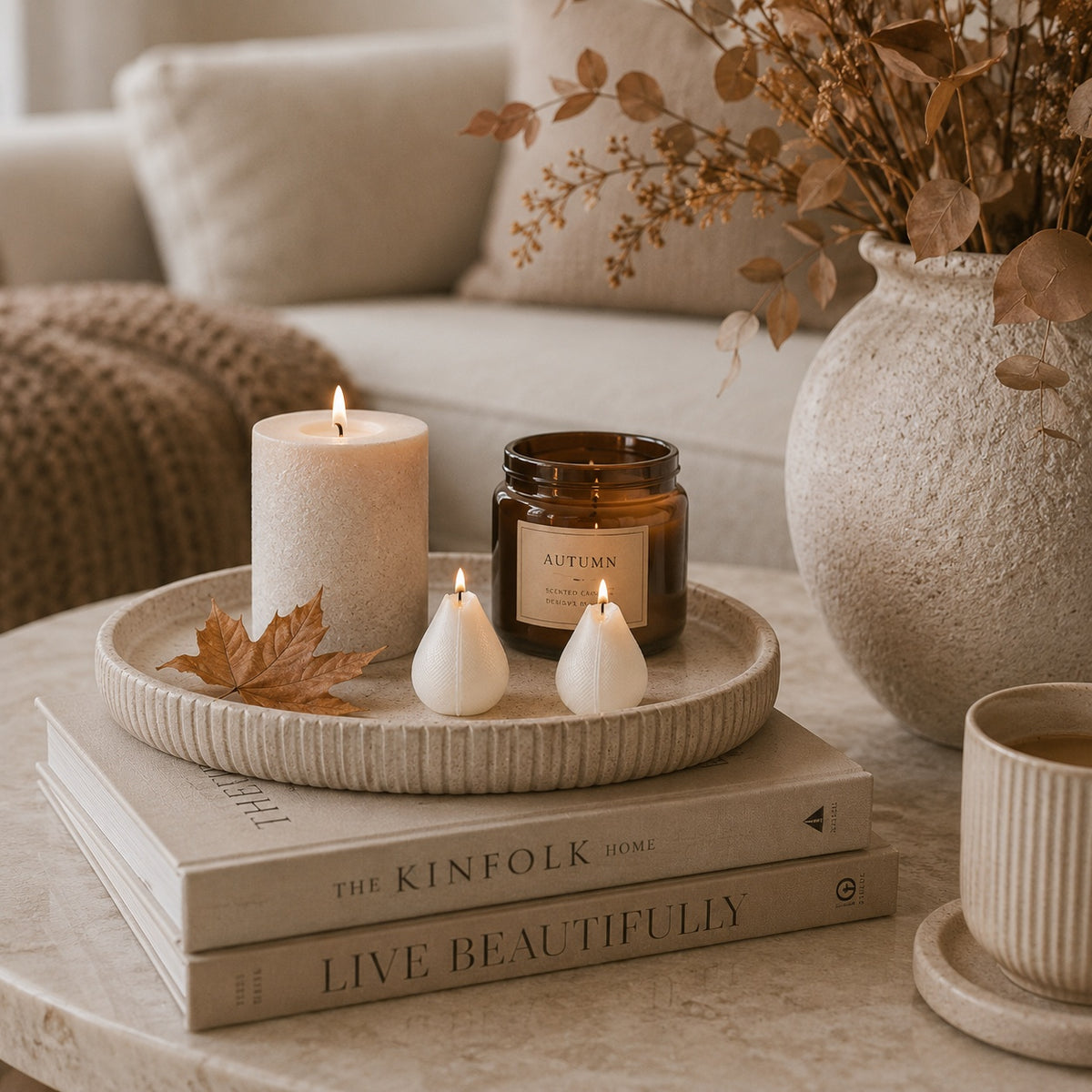 A cosy autumn-themed home decor scene featuring a scented candle labeled 'AUTUMN' in an amber glass jar, styled on a stack of books with a matching textured tray, cream rain drop  sculpture candles, and dried leaves in a ceramic vase.
