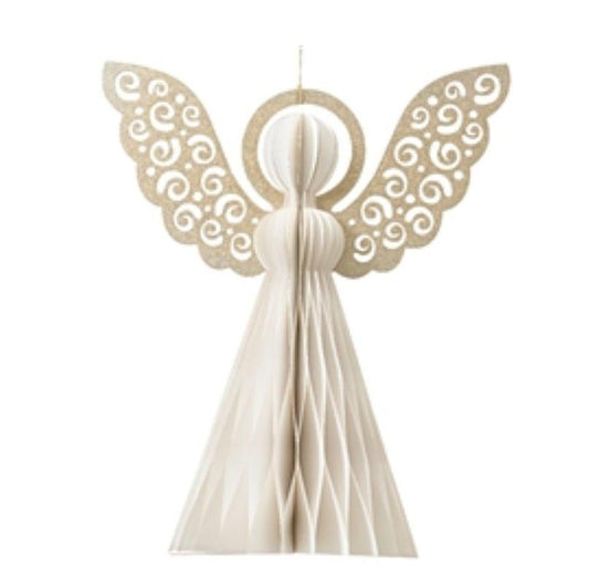 Hanging Paper Angel 40cm Christmas Home Decoration Ivory Gold - Designs by Inaya