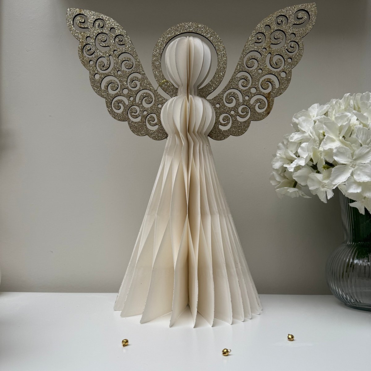 Hanging Paper Angel 40cm Christmas Home Decoration Ivory Gold - Designs by Inaya