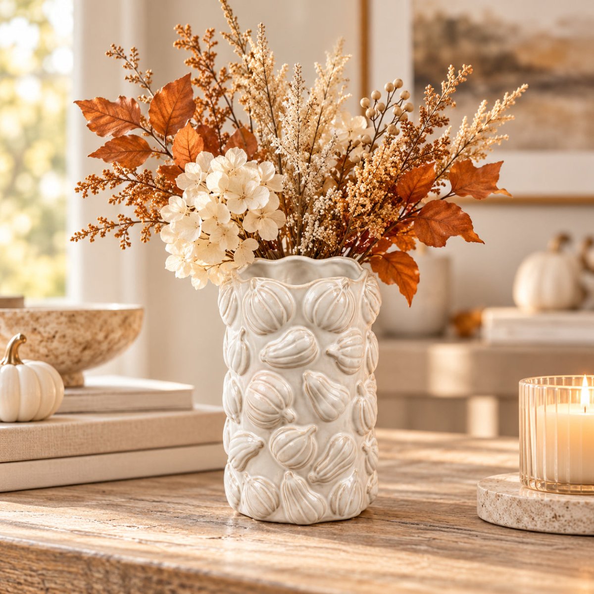 A textured ceramic vase with a scalloped rim, decorated with a raised pumpkin pattern, holding a dried floral arrangement with white hydrangea-like blooms, orange leaves, and tan sprigs, styled on a wooden table in a warm home setting.