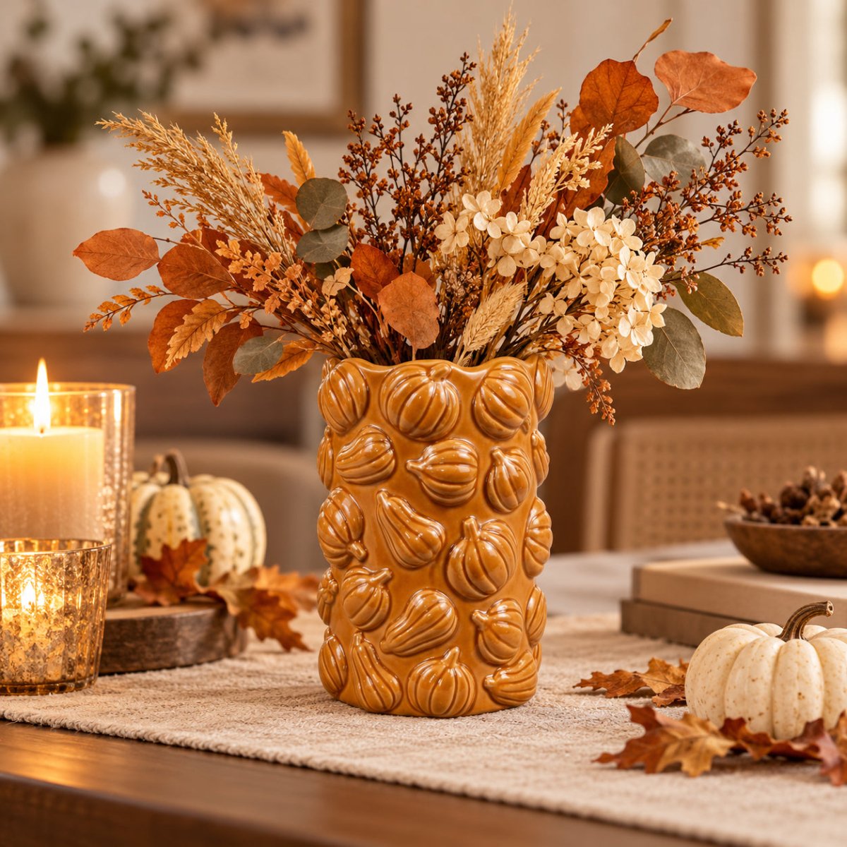 A textured ceramic vase filled with autumn floral arrangements, styled on a table runner with candles, small pumpkins, and fall leaves in a warm indoor setting.