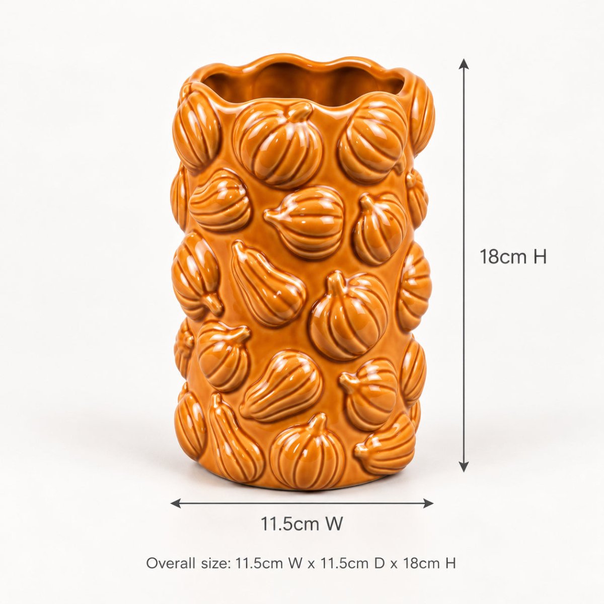 HARLOW Orange Pumpkin Ceramic Vase – with a white background text Dimensions 11.5 x 11.5 x 18cm