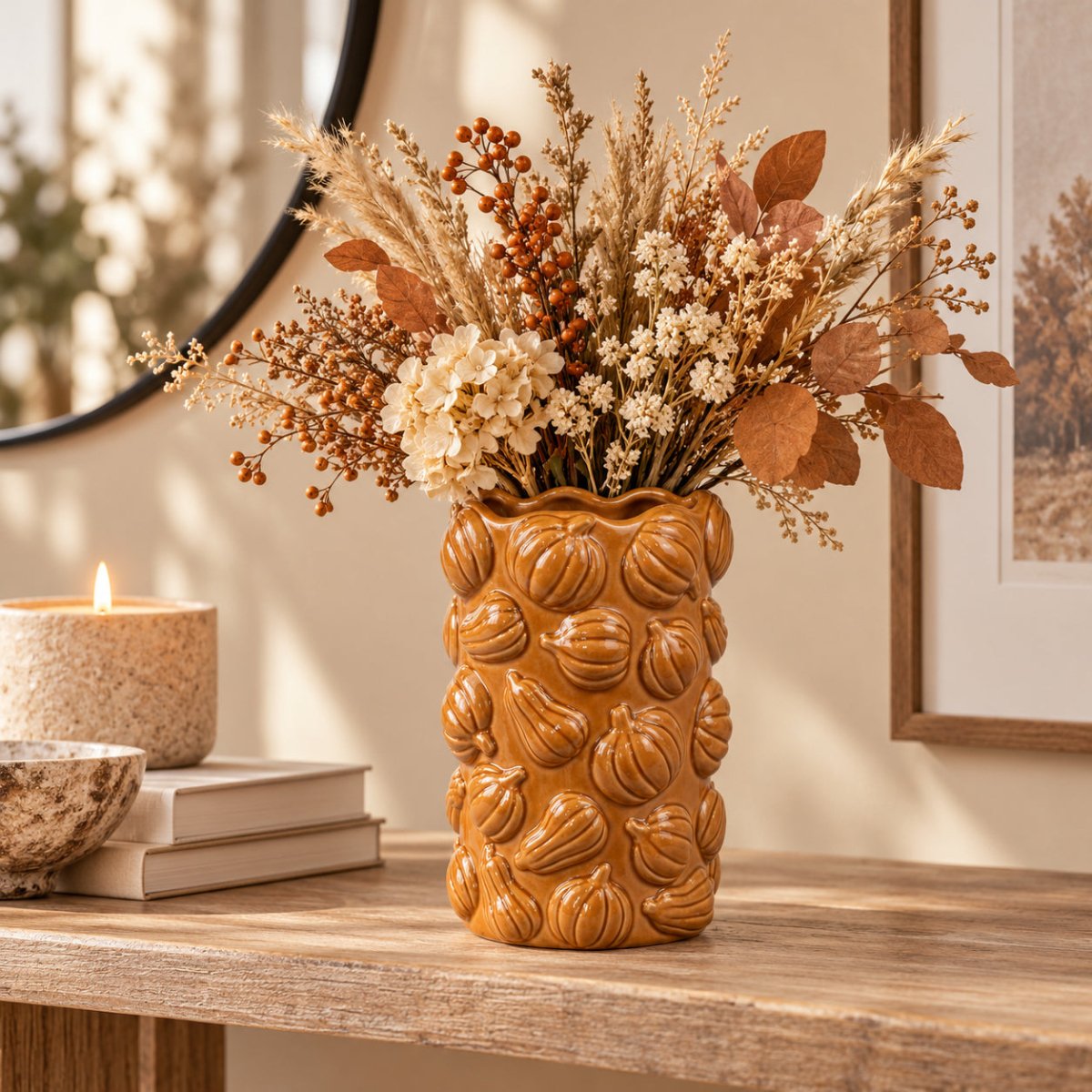 A textured terracotta ceramic vase with a carved pumpkin pattern, filled with dried autumn flowers and wheat, displayed on a wooden console table in a warm, sunlit room.
