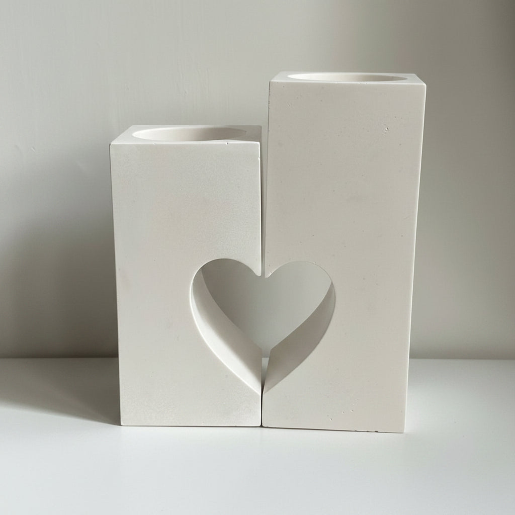 Two white rectangular Handcrafted candle holders with a heart-shaped cutout in the center, standing side by side on a white surface against a light gray background.