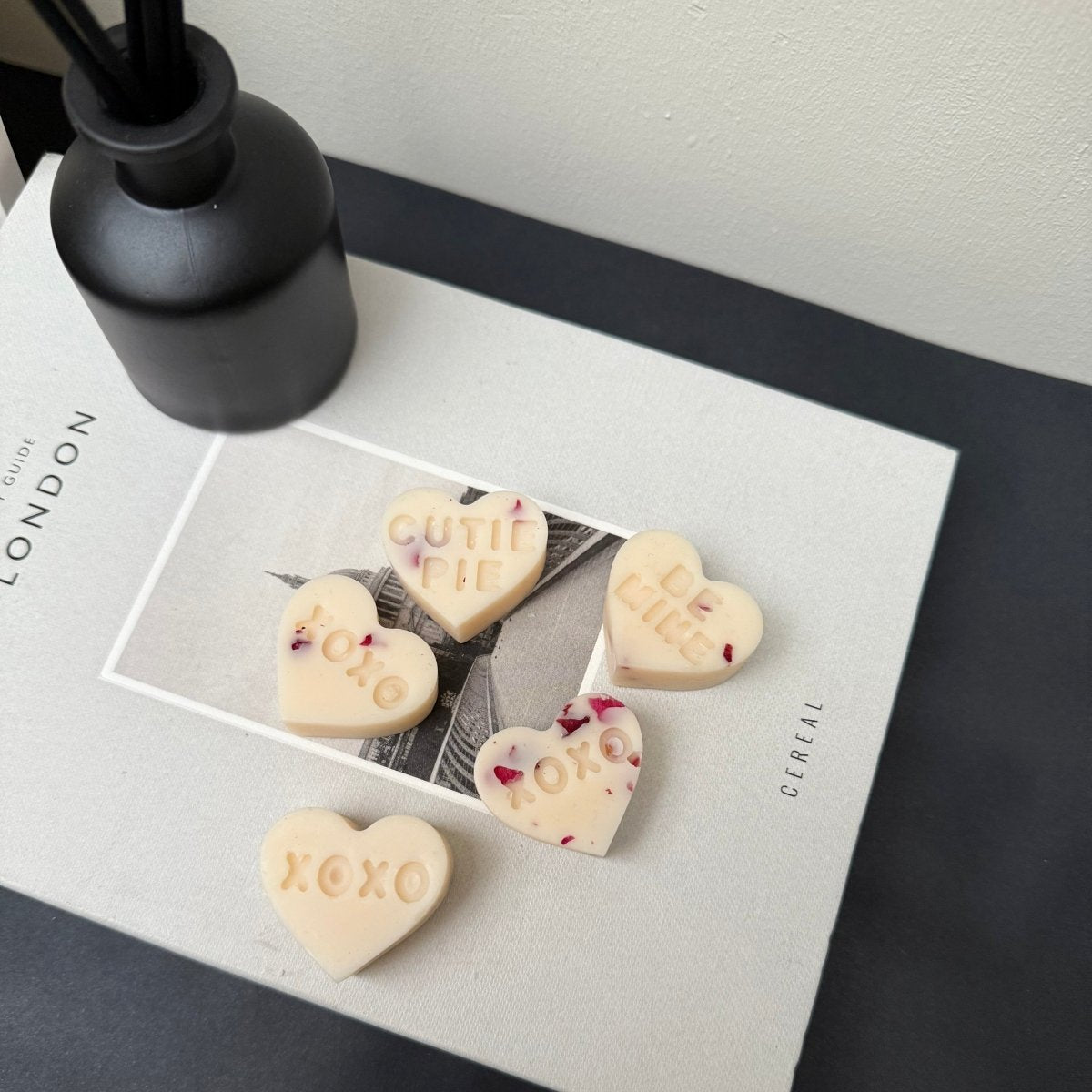 Heart wax melts UK XOXO message soy wax melts with rose petals - Designs by Inaya