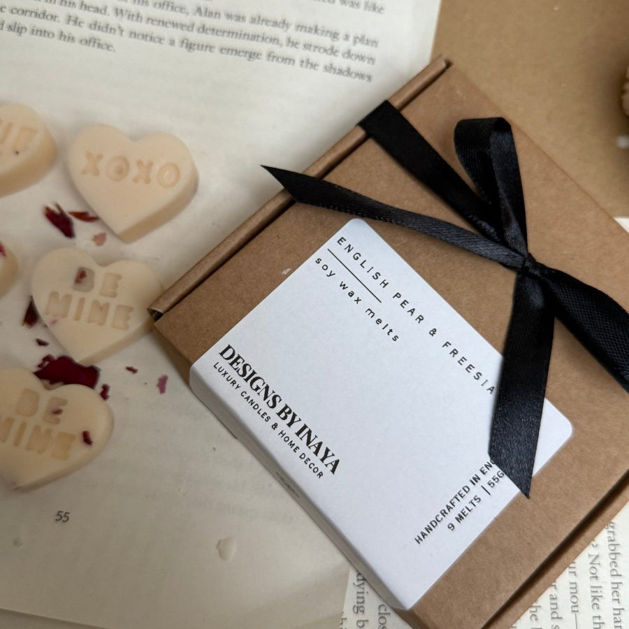 Heart wax melts UK XOXO message soy wax melts with rose petals - Designs by Inaya