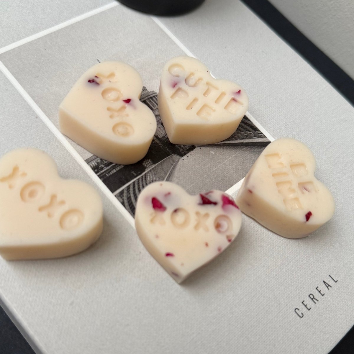 Heart wax melts UK XOXO message soy wax melts with rose petals - Designs by Inaya