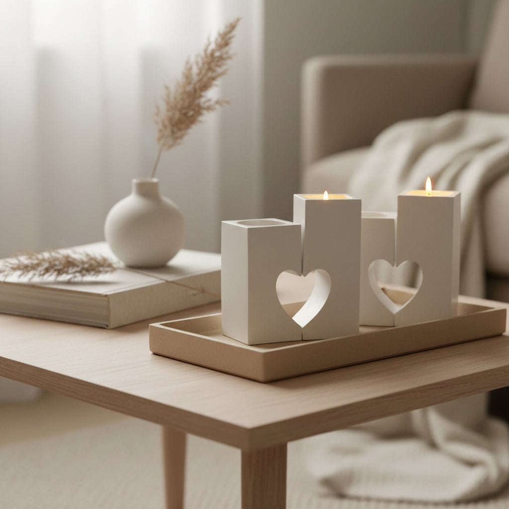 Three white stone pillar candle holders with heart-shaped cutouts, lit and displayed on a wooden tray on a light wood table in a cosy, softly blurred living room setting, for cosy home styling