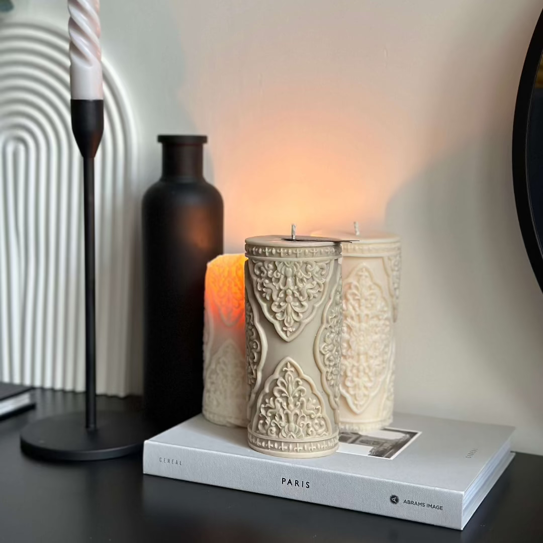 Noor Luxury Pillar Candle - cream - beige - black - Designs by Inaya