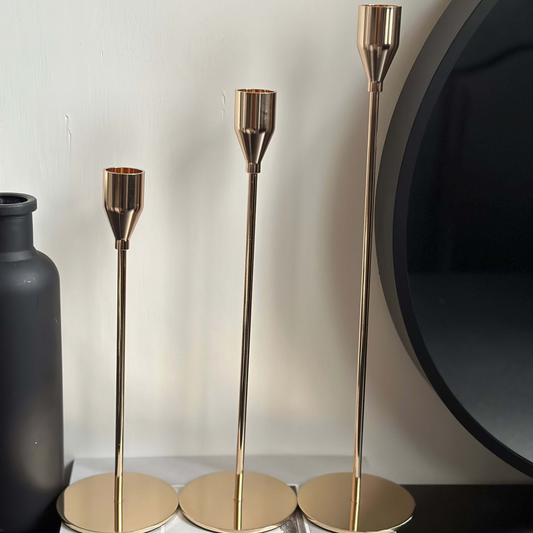 Gold Contemporary Taper Candle Stands set of 3 - Designs by Inaya