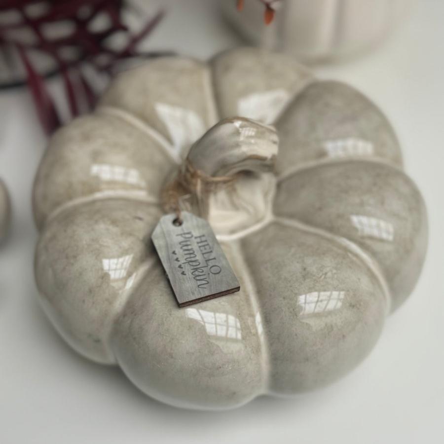 Large Ceramic Pumpkin Ornament with Beautiful Reactive Glaze, With Wooden Tag - Designs by Inaya