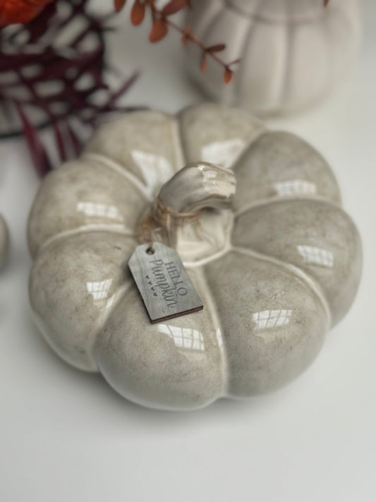 Large Ceramic Pumpkin Ornament with Beautiful Reactive Glaze, With Wooden Tag - Designs by Inaya