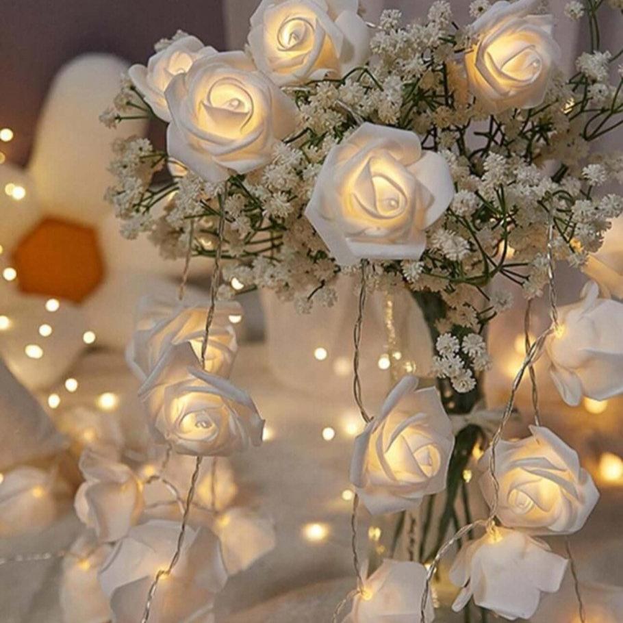 Elegant White Rose String Lights for Home Decor – Designs by Inaya