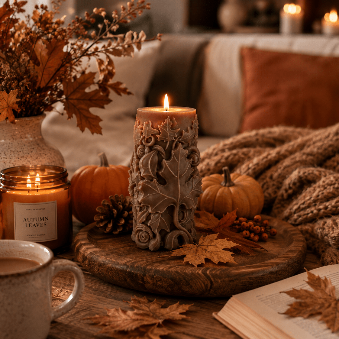 A cosy autumn living room scene with a carved sculpture pillar candle as the main product, styled on a wooden tray with pumpkins, autumn leaves, a mug, an open book, and a knitted blanket.