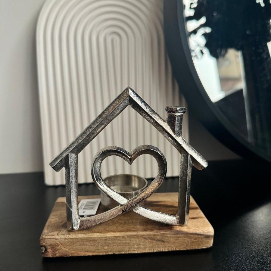 Metal Silver House Tealight Holder - Decorative Wooden Table Ornaments - Designs by Inaya