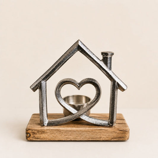 A rustic metal house-shaped candle holder with a heart motif in the center, mounted on a rectangular wooden base against a warm beige background.
