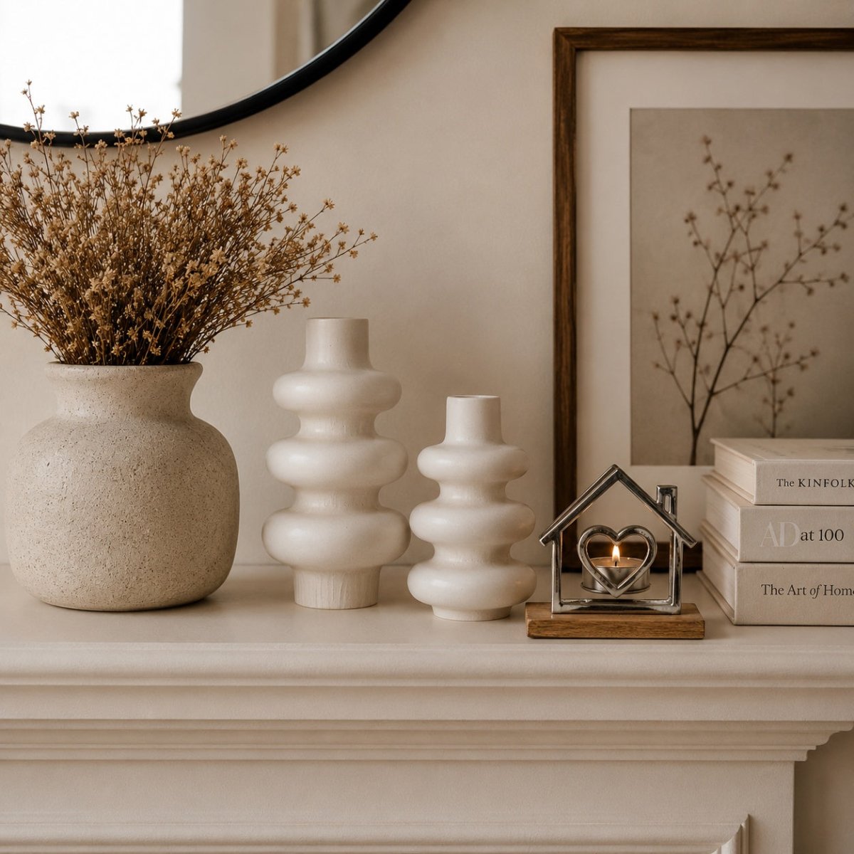 A styled interior scene showing a cream mantel with decorative home decor: a large textured beige vase with dried branches, two white sculptural stone vases, a small metal house-shaped candle holder with a heart, and a stack of books under a framed botanical print.