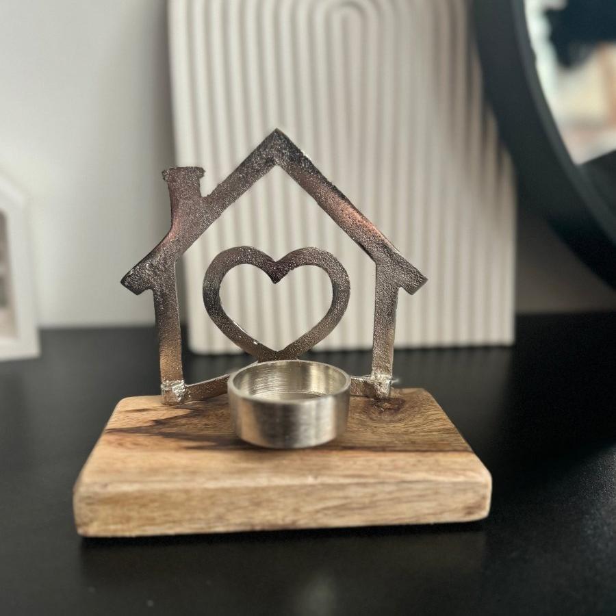 Metal Silver House Tealight Holder - Decorative Wooden Table Ornaments - Designs by Inaya