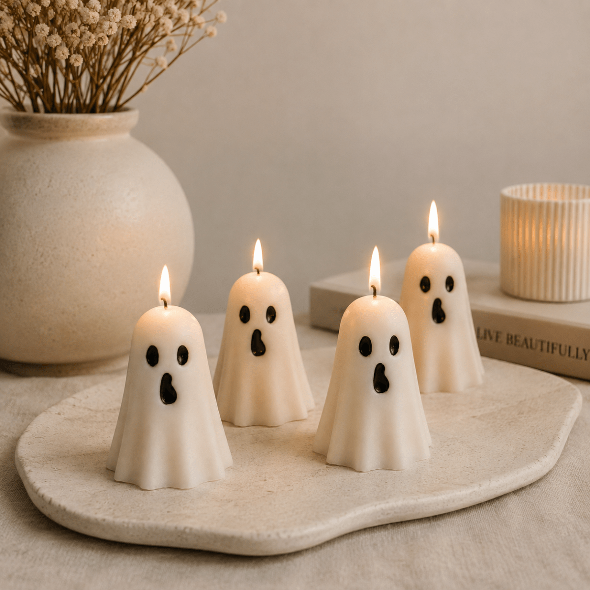 Four ghost-shaped candles with black facial features are lit and arranged on a stone tray, with a ceramic vase and books in the softly lit background.