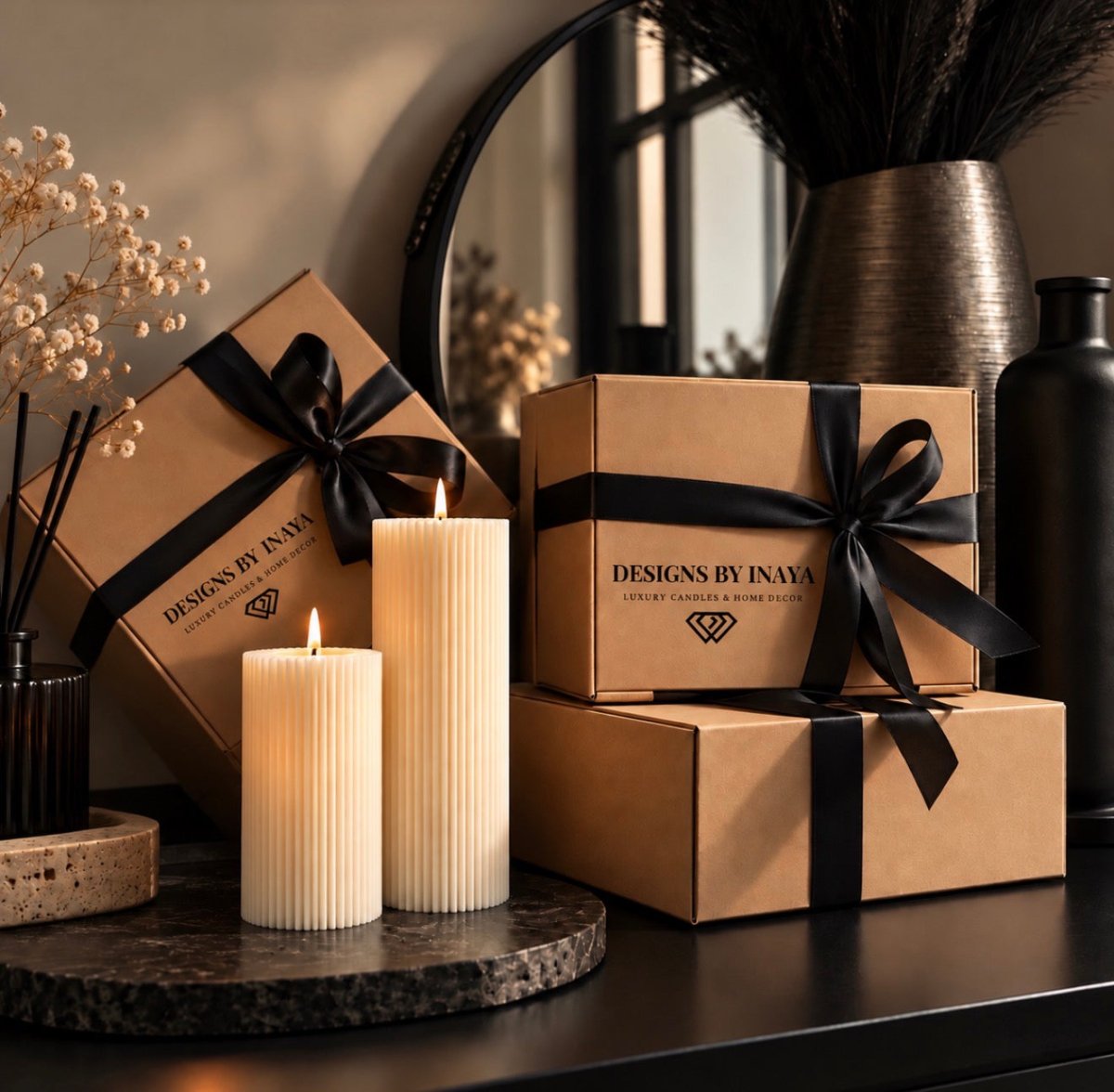 Designs by Inaya cream ribbed pillar candles styled with brown kraft gift boxes and black ribbons on a dark table, with dried flowers and a mirror in the background.